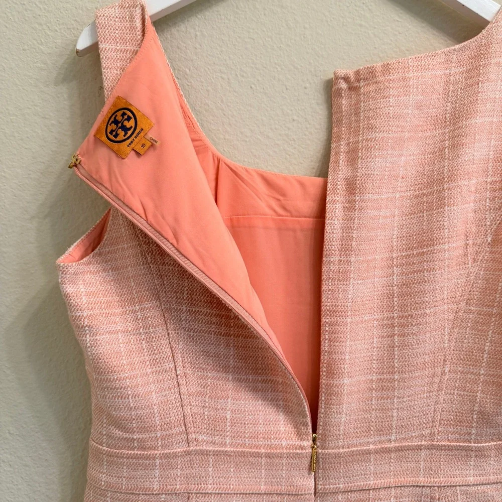 Tory Burch Tweed Sheath Dress Sleeveless Square Neck Size 10 Coral Pink